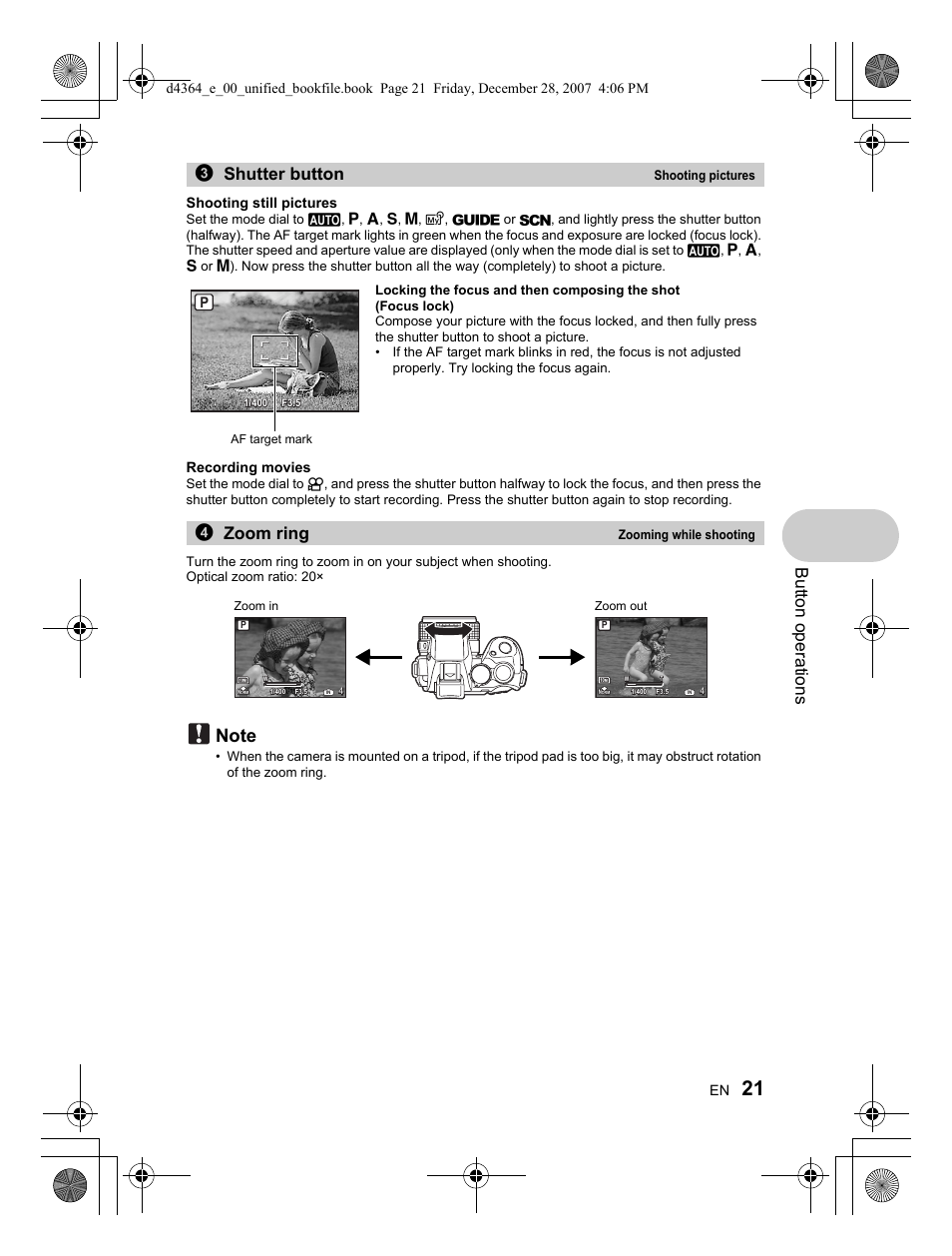 Button operati o ns, 3shutter button, 4zoom ring | Shooting still pictures, Recording movies | Olympus SP-570 UZ User Manual | Page 21 / 100