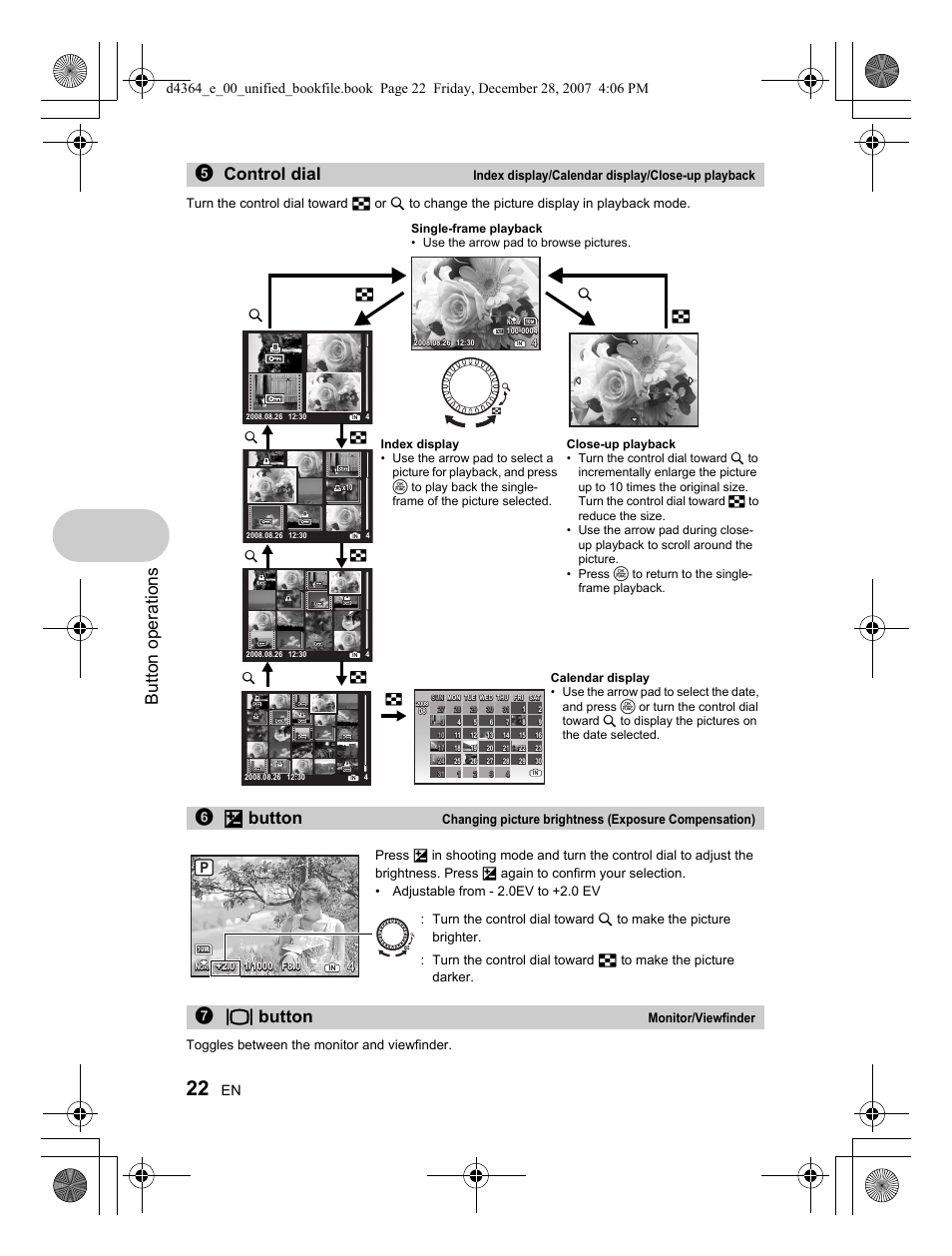 Button operations, 5control dial, 6 f button | 7u button, Index display/calendar display/close-up playback, Monitor/viewfinder, Gu g | Olympus SP-570 UZ User Manual | Page 22 / 100