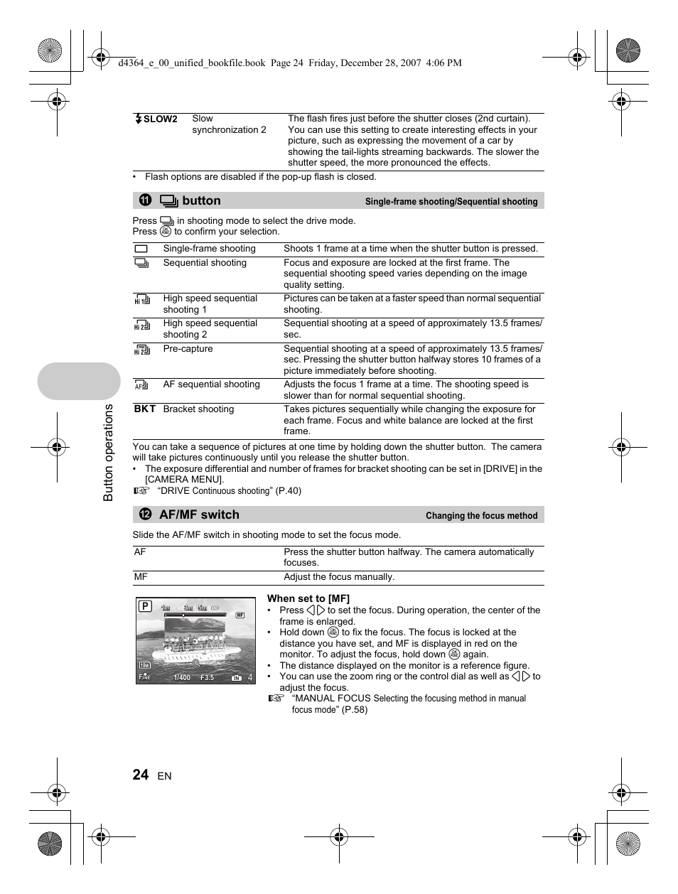 Button operations, A j button, Baf/mf switch | Olympus SP-570 UZ User Manual | Page 24 / 100