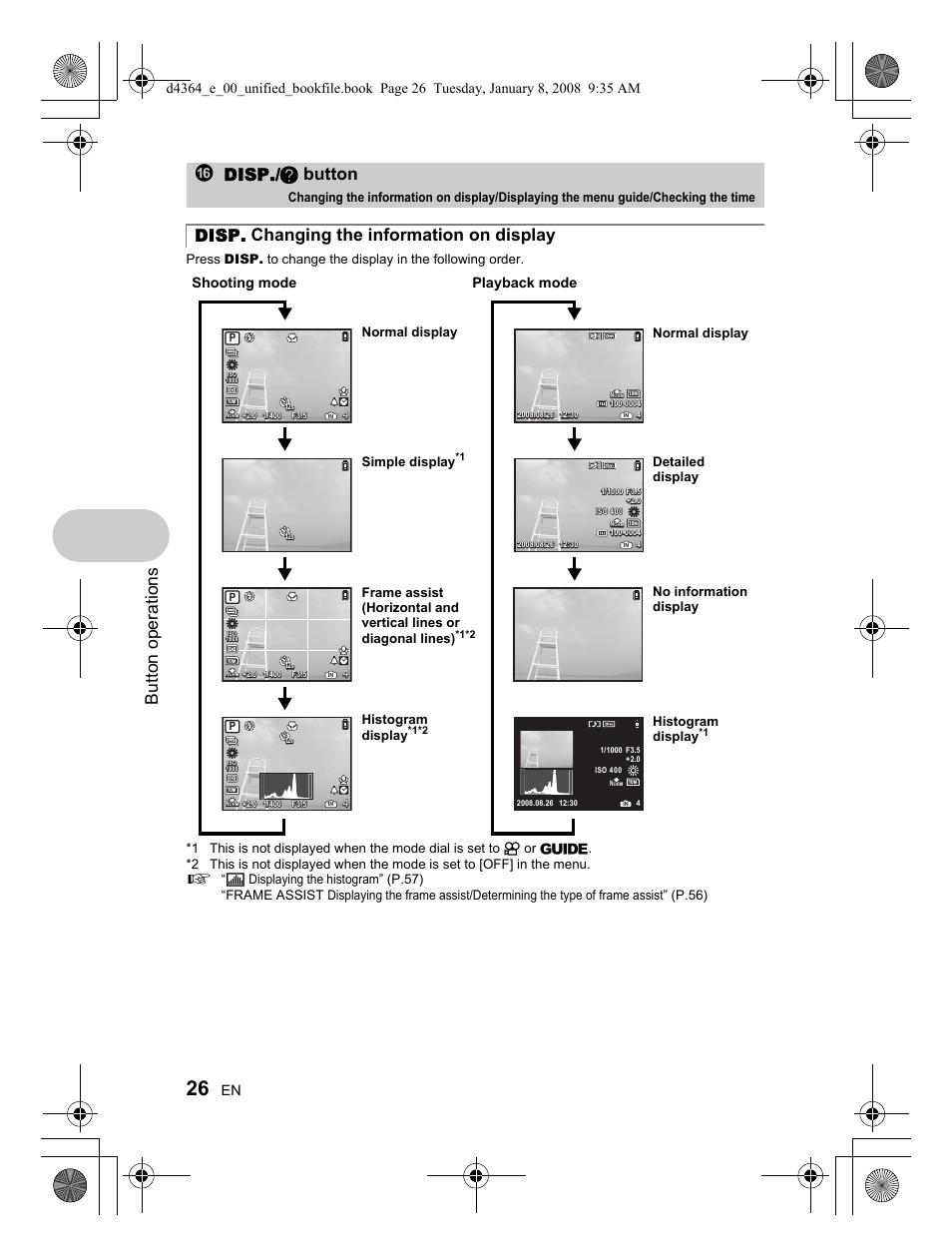 Button operations, Fdisp./e button, Disp. changing the information on display | Shooting mode, Playback mode, Simple display, Normal display histogram display, Histogram display, Normal display detailed display, No information display | Olympus SP-570 UZ User Manual | Page 26 / 100