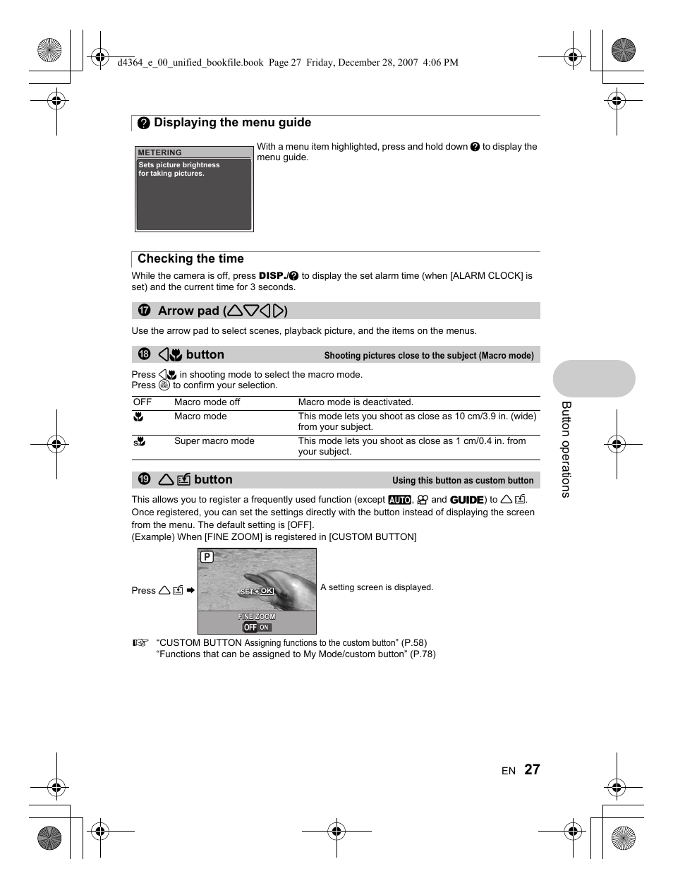 Button operati o ns, E displaying the menu guide, I1 z button | Olympus SP-570 UZ User Manual | Page 27 / 100