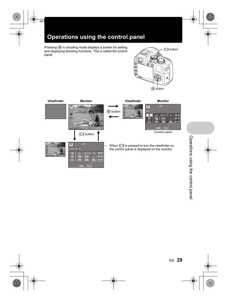 Operations using the control panel, Viewfinder monitor viewfinder monitor, O button | U button, U button o button, Control panel | Olympus SP-570 UZ User Manual | Page 29 / 100