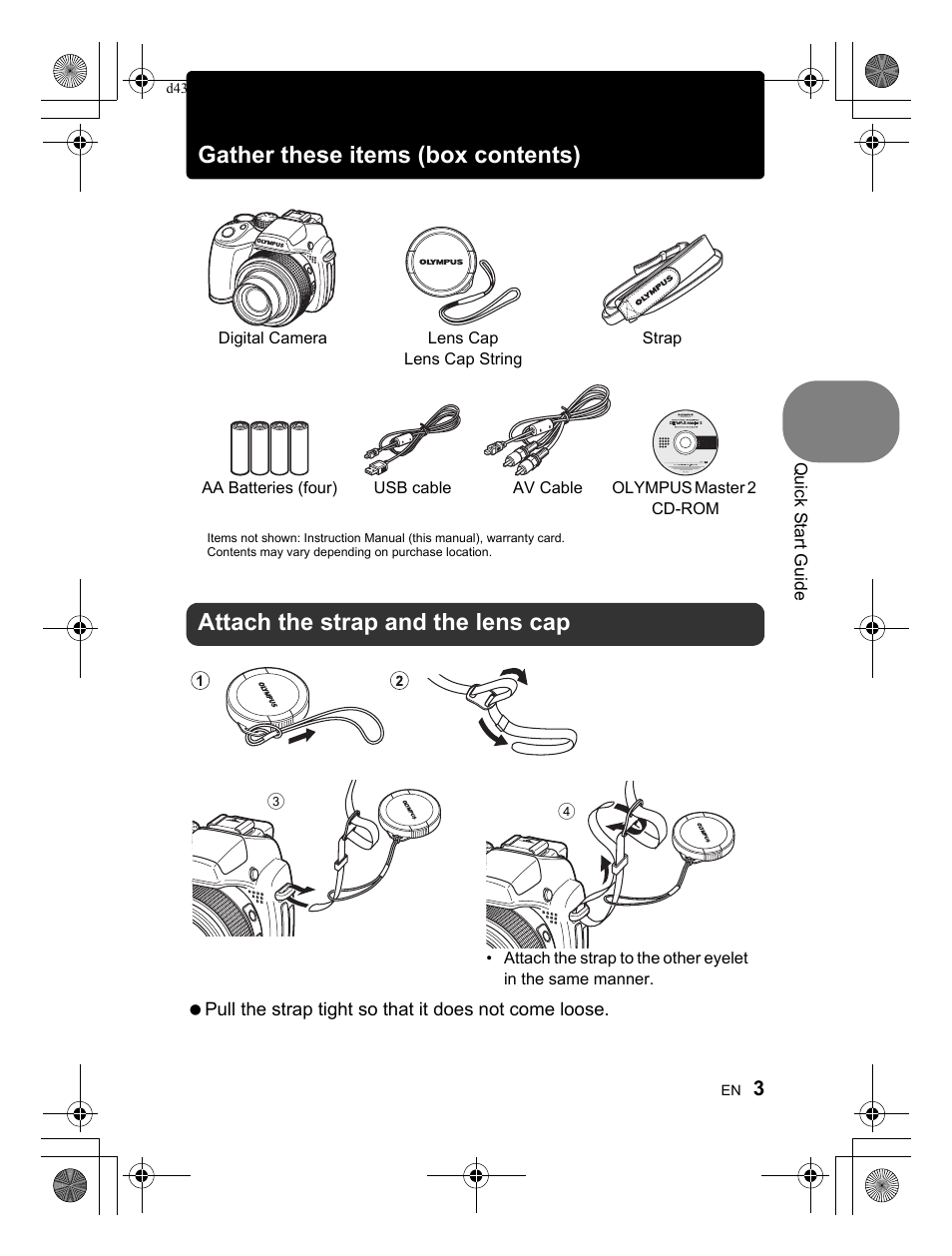 Gather these items (box contents), Attach the strap and the lens cap | Olympus SP-570 UZ User Manual | Page 3 / 100