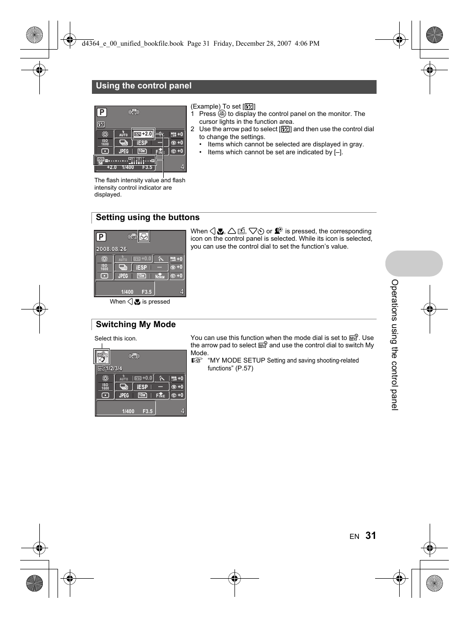 Setting using the buttons, Switching my mode | Olympus SP-570 UZ User Manual | Page 31 / 100
