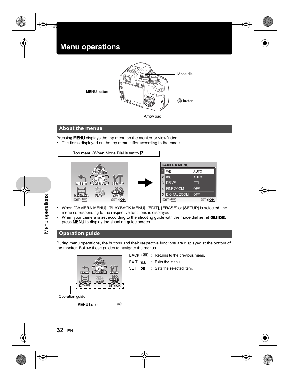 Menu operations, About the menus operation guide | Olympus SP-570 UZ User Manual | Page 32 / 100