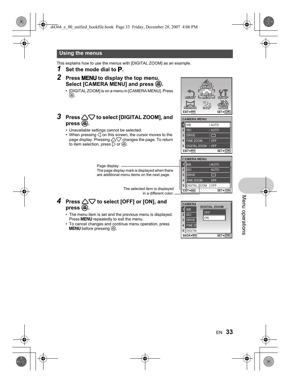 Menu operations, Set the mode dial to p, Press 12 to select [digital zoom], and press o | Press 12 to select [off] or [on], and press o, Using the menus | Olympus SP-570 UZ User Manual | Page 33 / 100