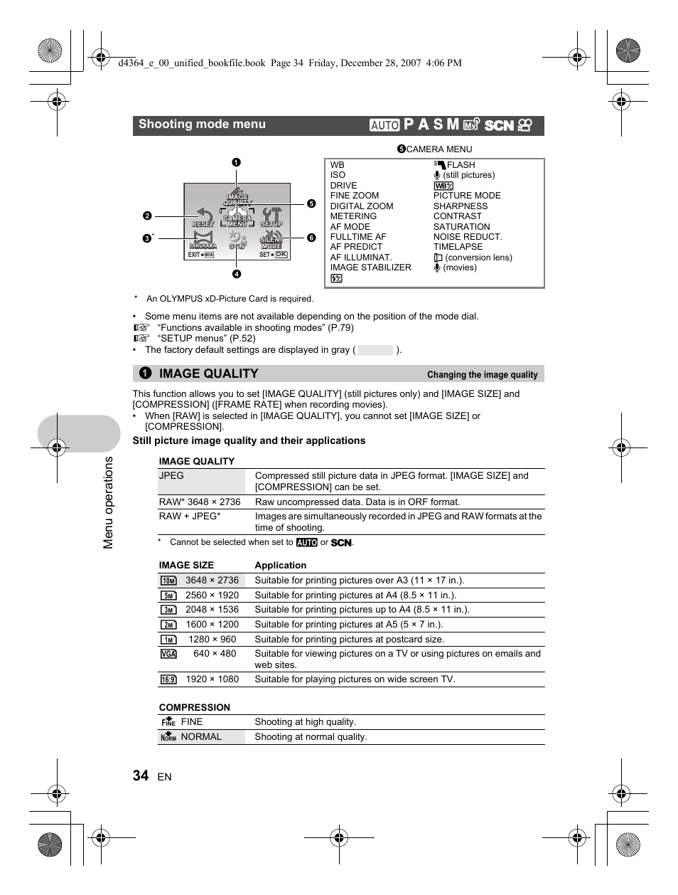 Menu operations, 1image quality | Olympus SP-570 UZ User Manual | Page 34 / 100