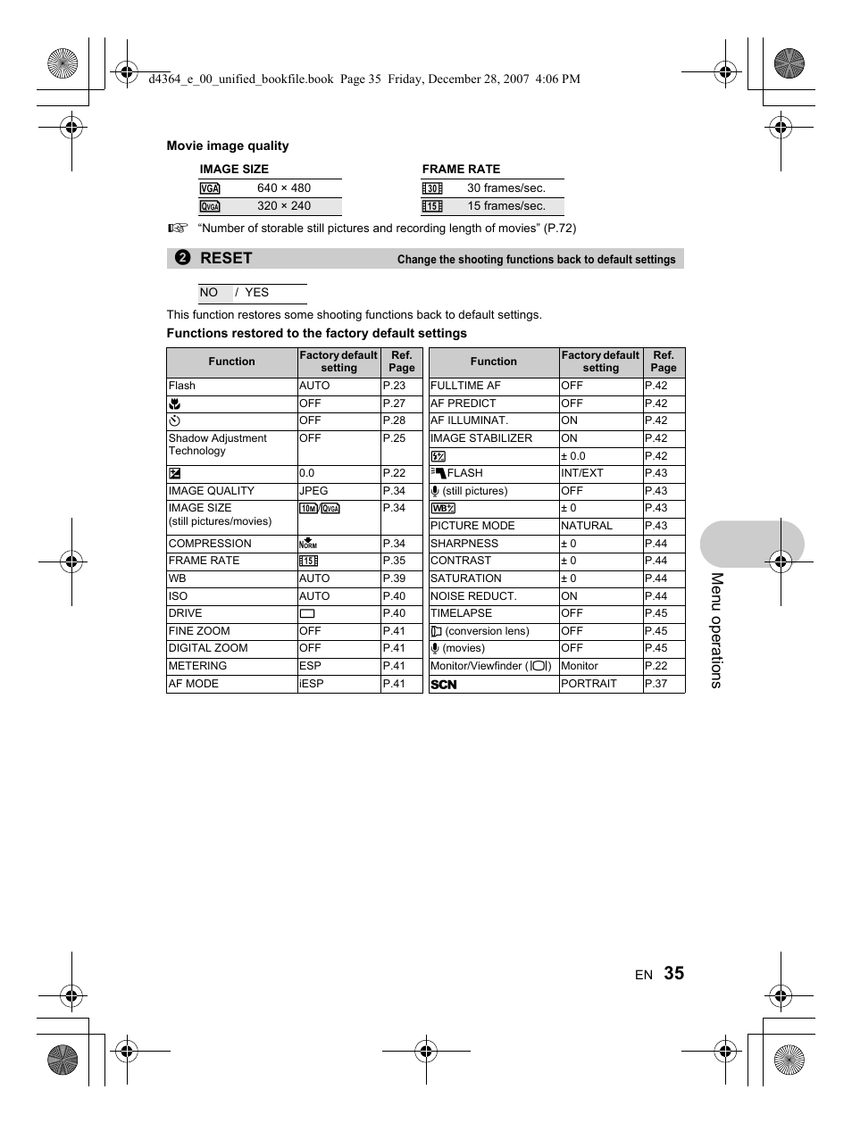 Menu operations, 2reset | Olympus SP-570 UZ User Manual | Page 35 / 100