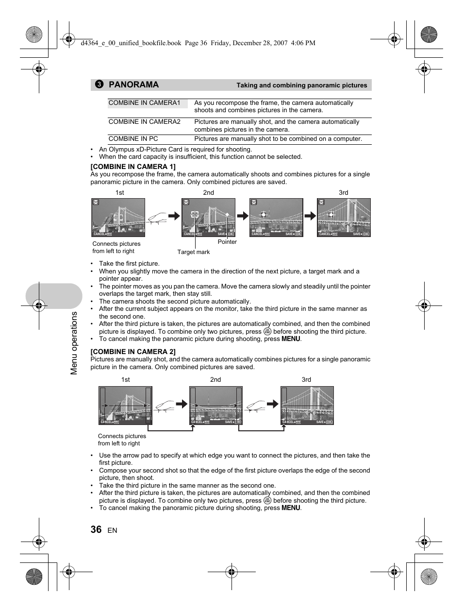 Menu operations, 3panorama | Olympus SP-570 UZ User Manual | Page 36 / 100