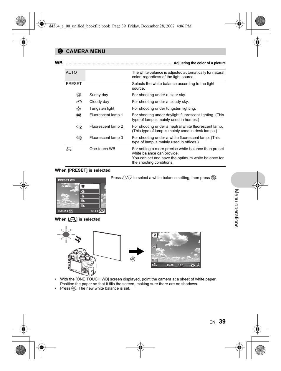 Menu operations, 5camera menu | Olympus SP-570 UZ User Manual | Page 39 / 100