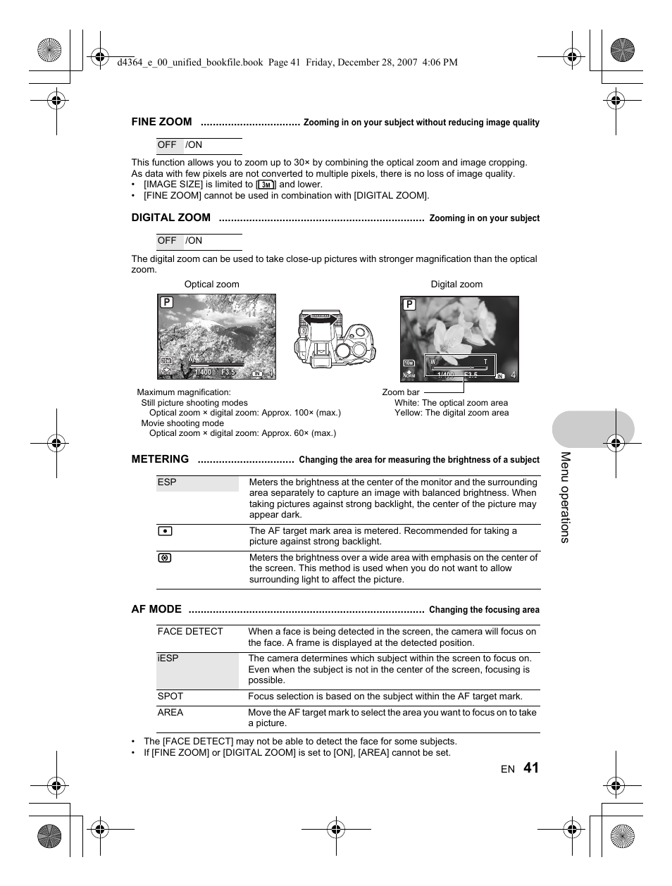 Menu operations, Fine zoom, Digital zoom | Metering, Af mode | Olympus SP-570 UZ User Manual | Page 41 / 100