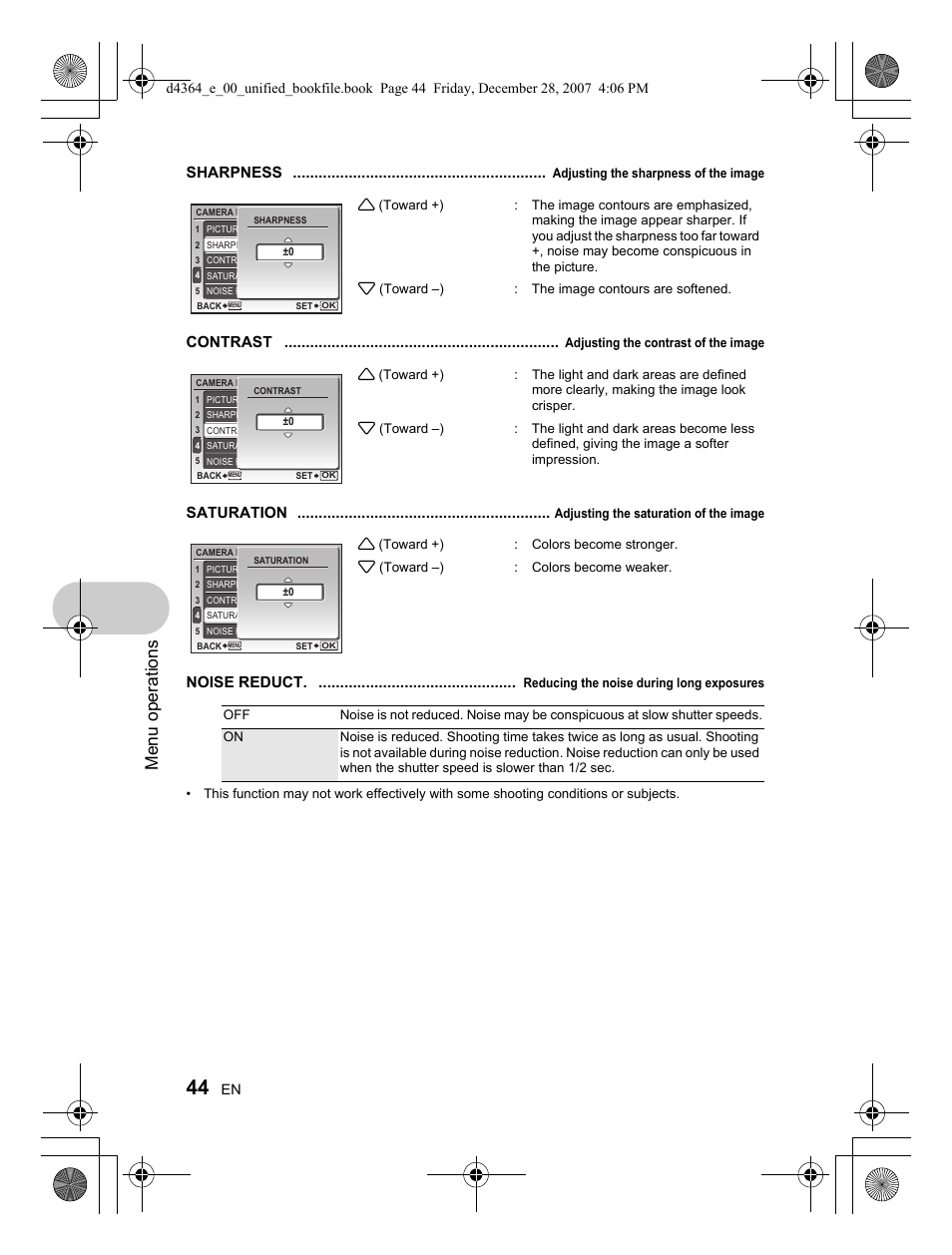 Menu operations, Sharpness, Contrast | Saturation, Noise reduct | Olympus SP-570 UZ User Manual | Page 44 / 100