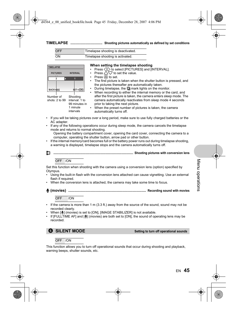 Menu operations, 6silent mode | Olympus SP-570 UZ User Manual | Page 45 / 100