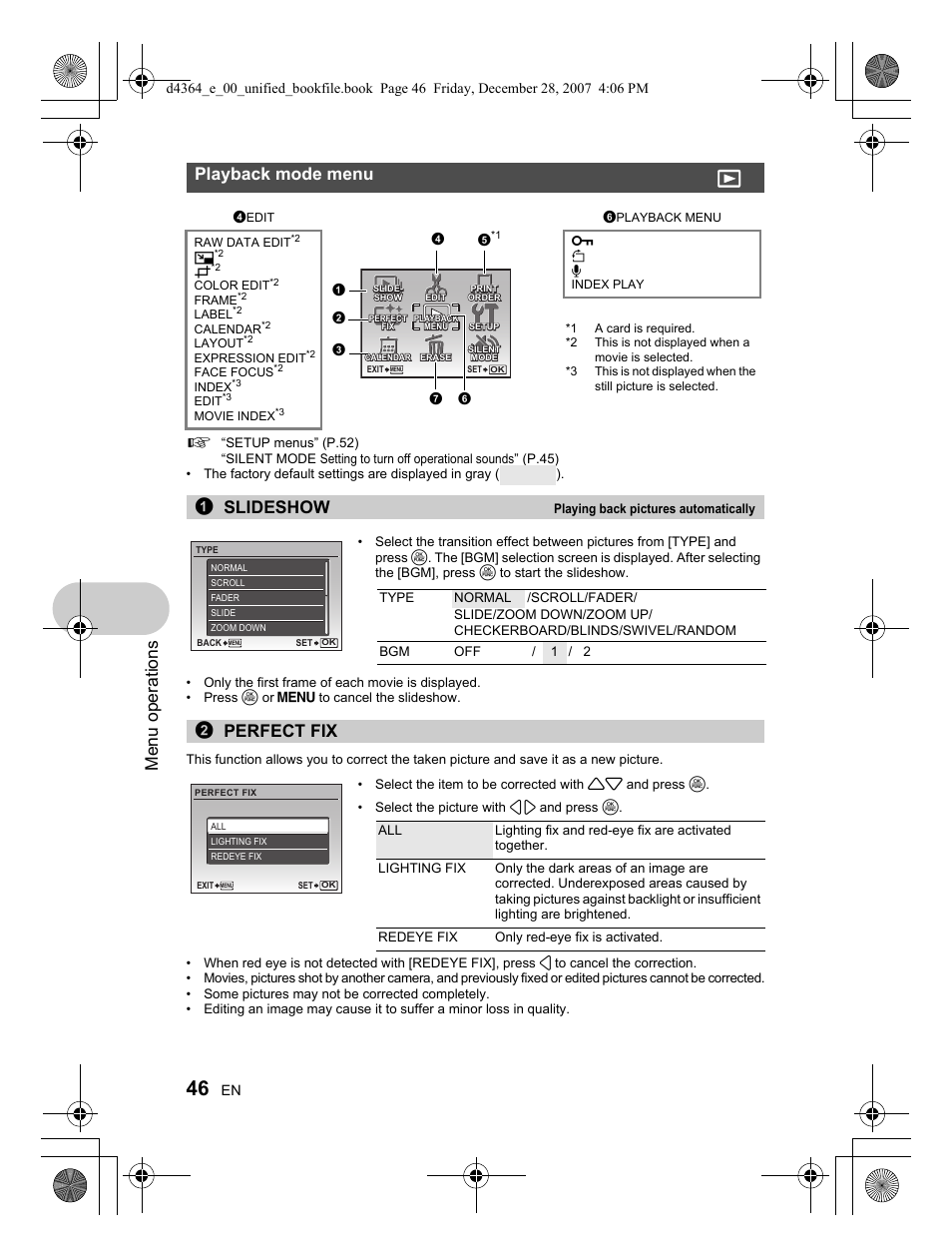 Menu operations, Playback mode menu, 1slideshow | 2perfect fix | Olympus SP-570 UZ User Manual | Page 46 / 100
