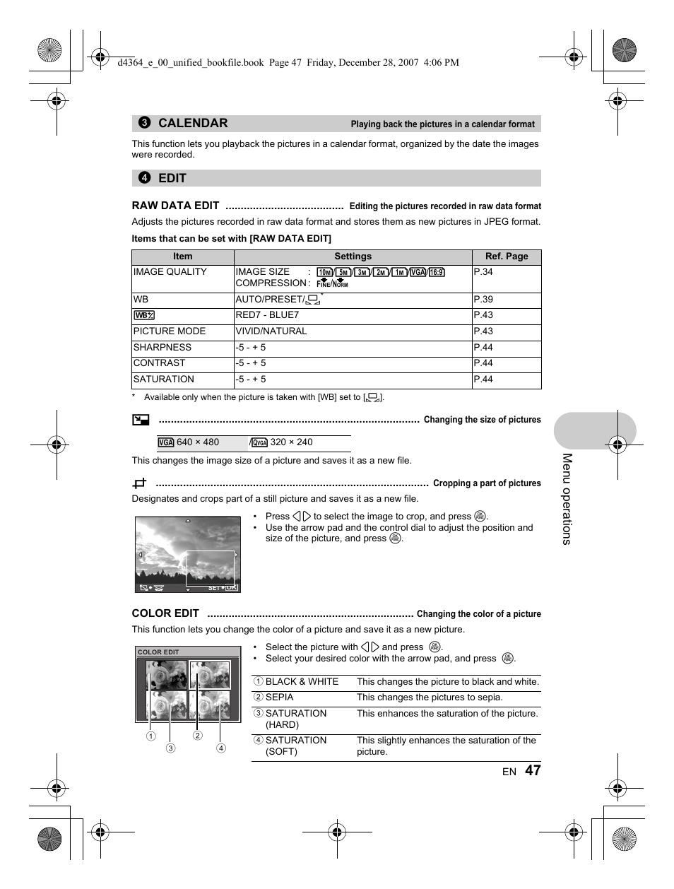 Menu operations, 3calendar, 4edit | Olympus SP-570 UZ User Manual | Page 47 / 100