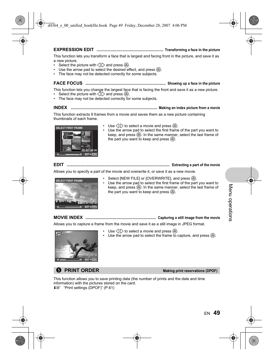 Menu operations, 5print order | Olympus SP-570 UZ User Manual | Page 49 / 100