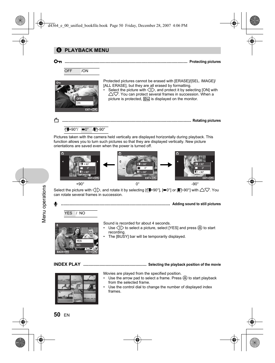 Menu operations, 6playback menu, Index play | Olympus SP-570 UZ User Manual | Page 50 / 100