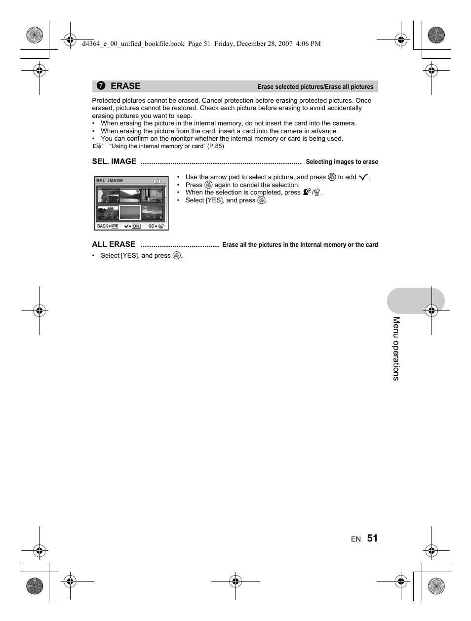 Menu operations, 7erase | Olympus SP-570 UZ User Manual | Page 51 / 100