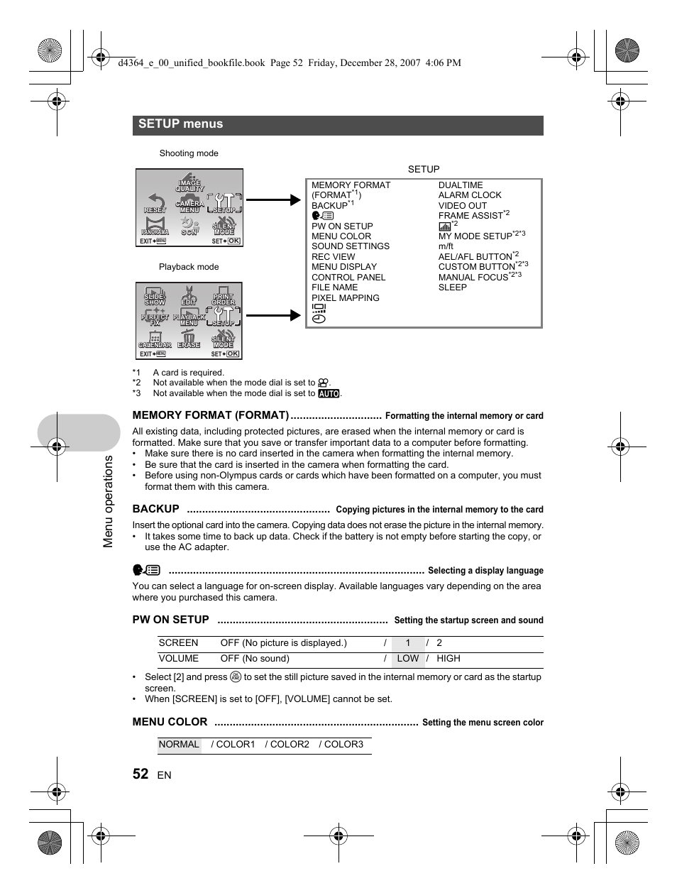 Menu operations, Setup menus, Backup | Pw on setup, Menu color | Olympus SP-570 UZ User Manual | Page 52 / 100