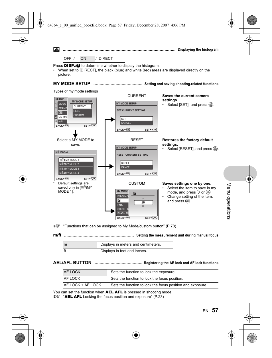 Menu operations, My mode setup, M/ft | Ael/afl button | Olympus SP-570 UZ User Manual | Page 57 / 100