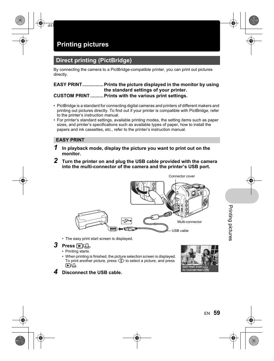 Printing pictures, Direct printing (pictbridge) | Olympus SP-570 UZ User Manual | Page 59 / 100