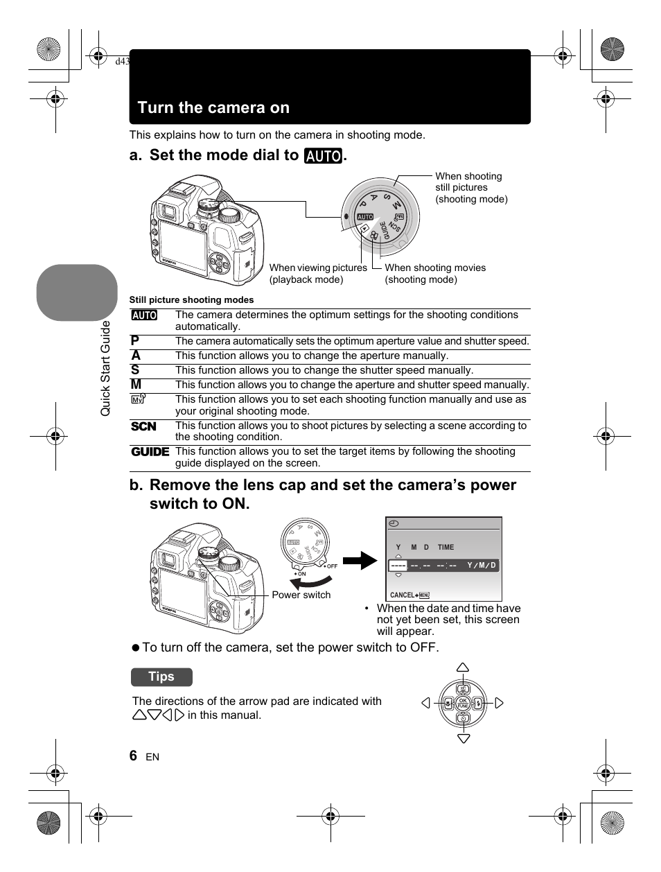 Turn the camera on, A. set the mode dial to h | Olympus SP-570 UZ User Manual | Page 6 / 100