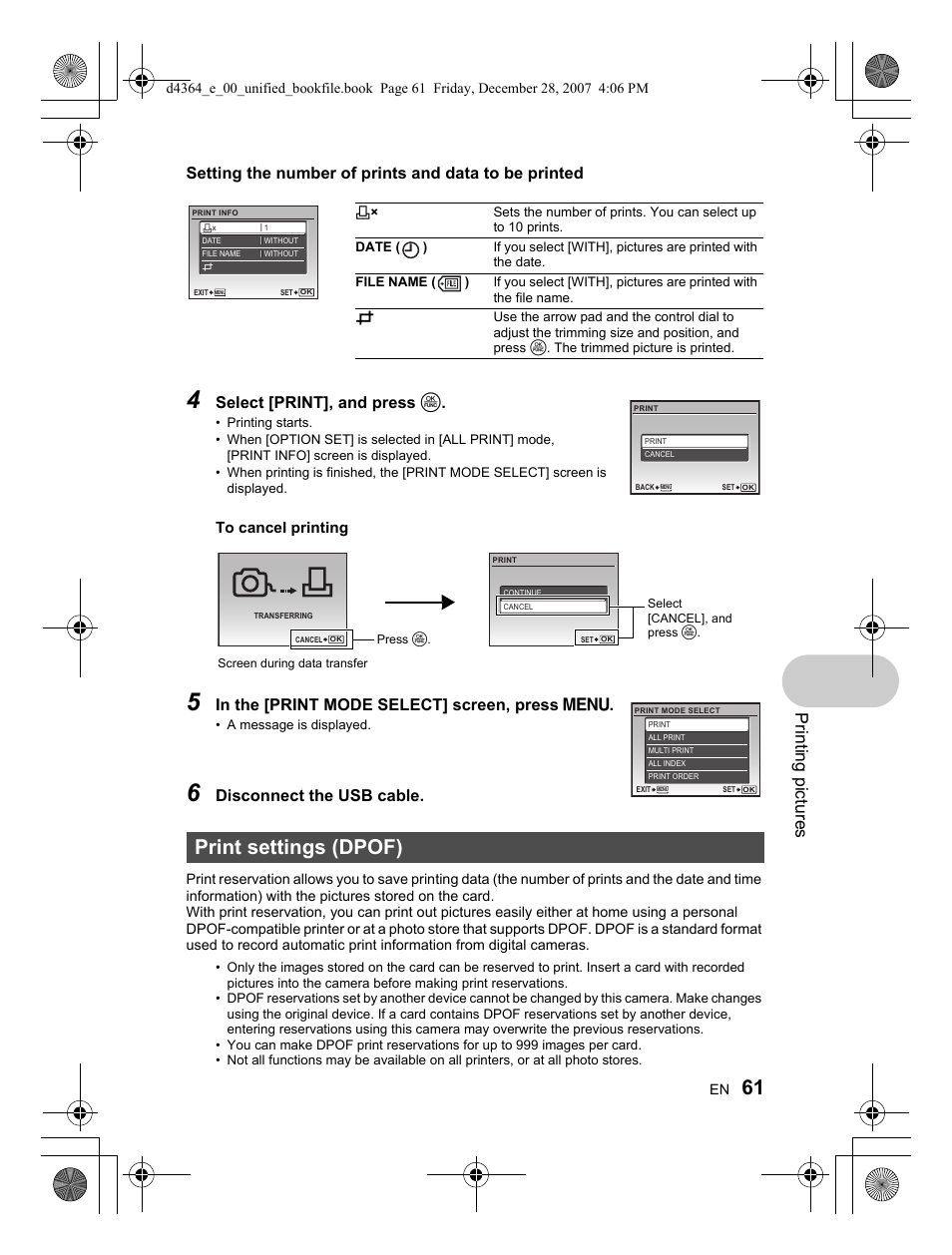 Print settings (dpof), Printing pi ctures, Select [print], and press o | Disconnect the usb cable | Olympus SP-570 UZ User Manual | Page 61 / 100