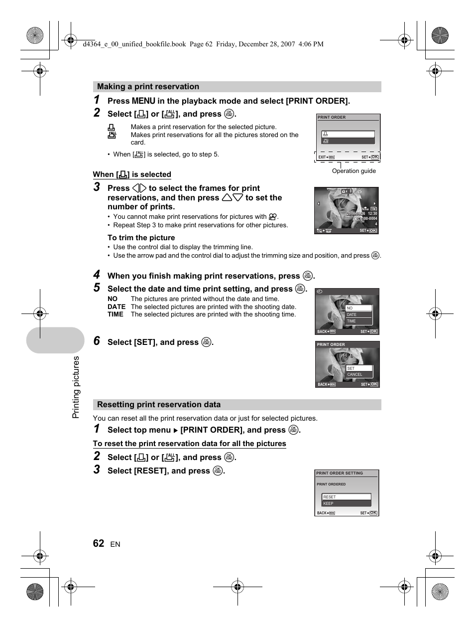 Printi ng pictures, Select [ < ] or [ u ], and press o, When you finish making print reservations, press o | Select [set], and press o, Select top menu [print order], and press o | Olympus SP-570 UZ User Manual | Page 62 / 100