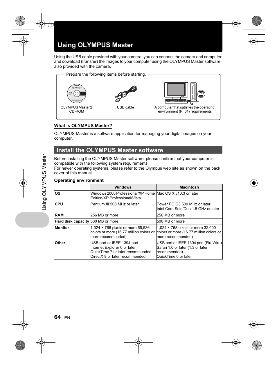 Using olympus master, Install the olympus master software | Olympus SP-570 UZ User Manual | Page 64 / 100