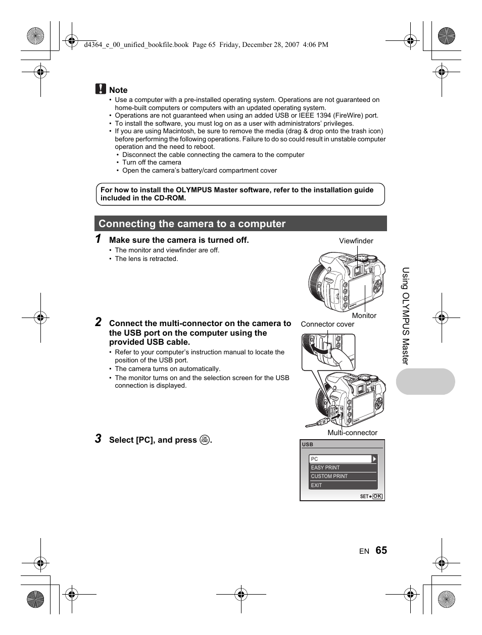 Connecting the camera to a computer | Olympus SP-570 UZ User Manual | Page 65 / 100