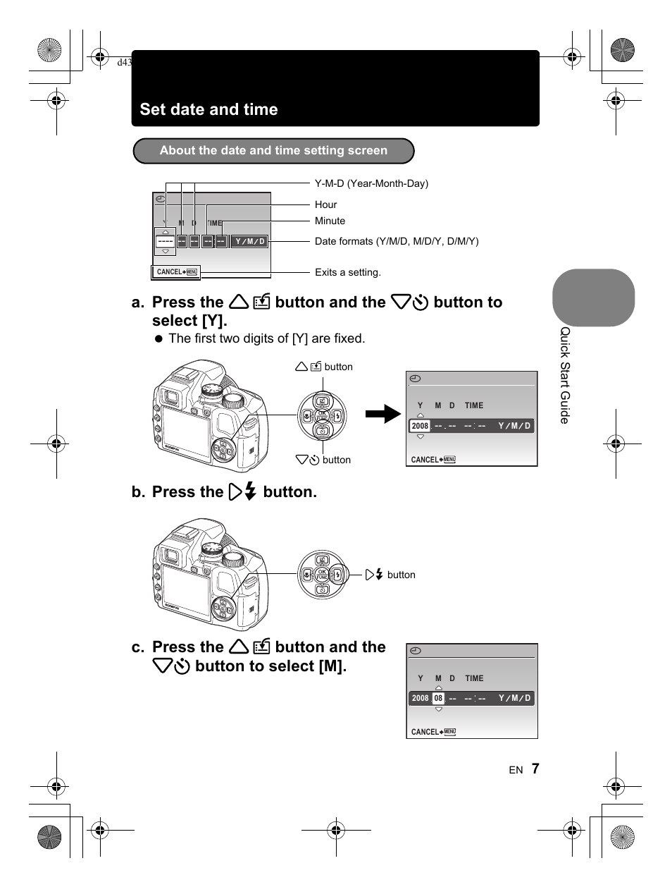 Set date and time, The first two digits of [y] are fixed, Quick start guide | About the date and time setting screen | Olympus SP-570 UZ User Manual | Page 7 / 100