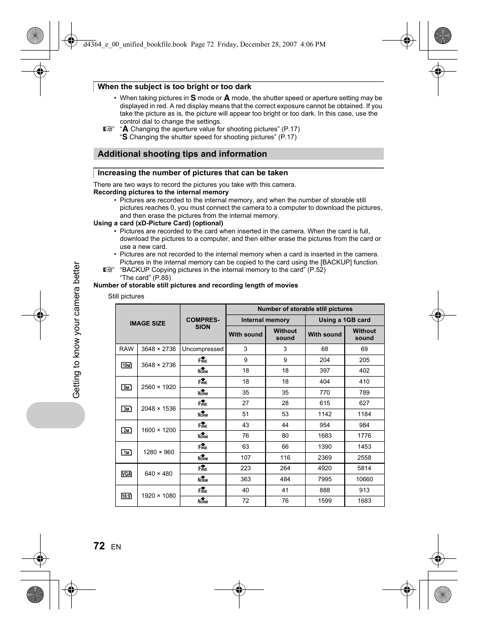 Getting to know your camera better, Additional shooting tips and information | Olympus SP-570 UZ User Manual | Page 72 / 100