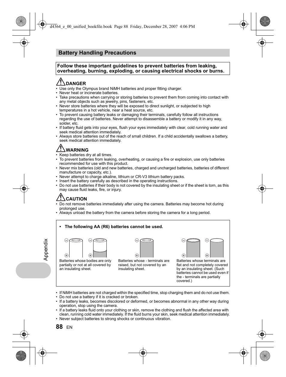 Battery handling precautions, Appendix | Olympus SP-570 UZ User Manual | Page 88 / 100