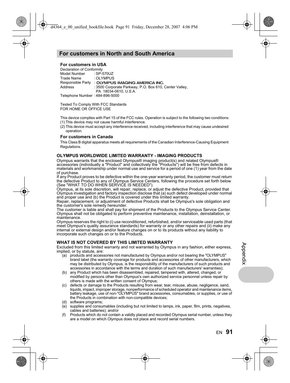 For customers in north and south america, Appendix | Olympus SP-570 UZ User Manual | Page 91 / 100