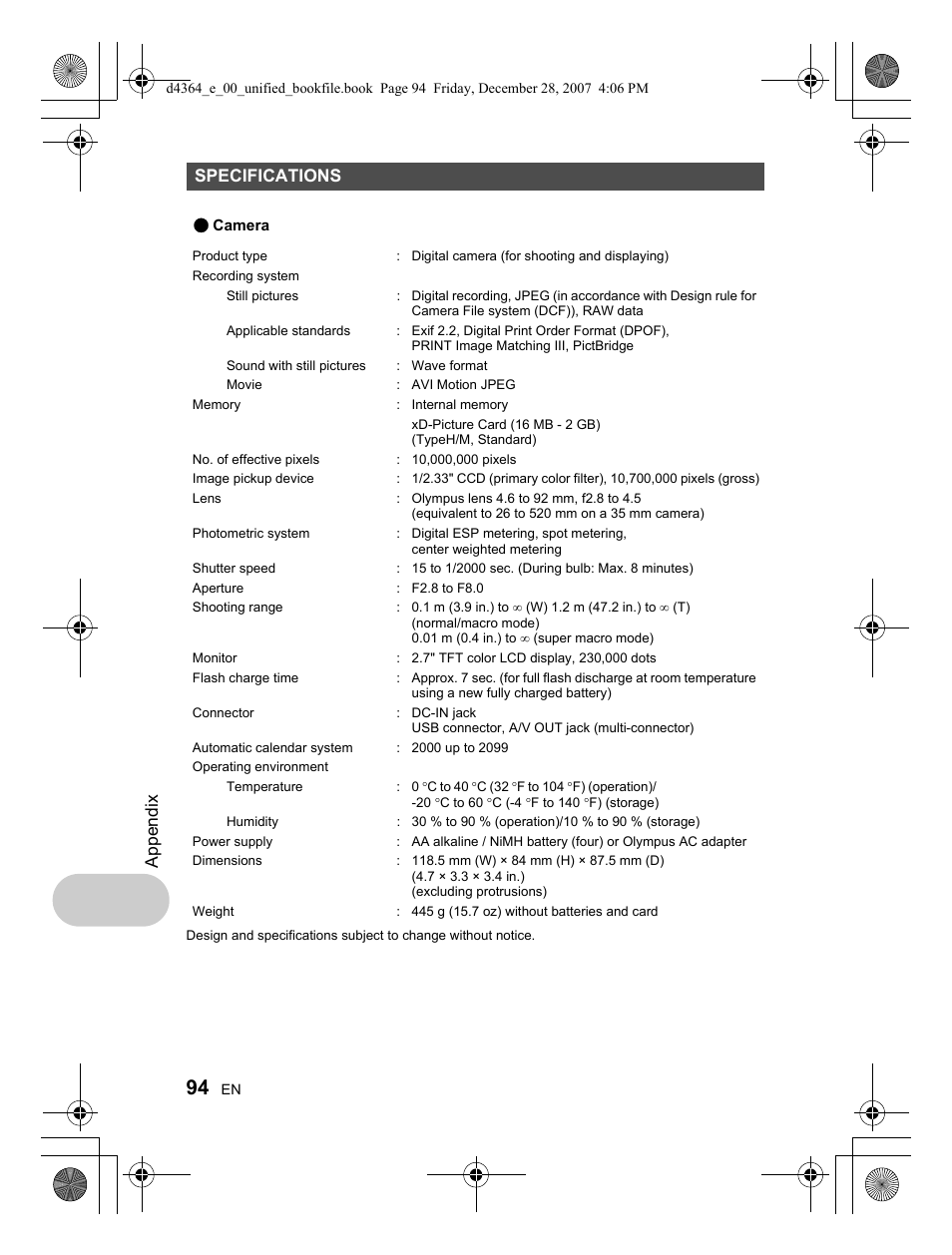 Appendix, Specifications | Olympus SP-570 UZ User Manual | Page 94 / 100