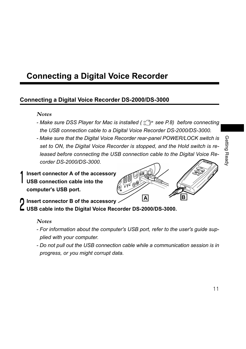 Connecting a digital voice recorder | Olympus DS-3000 User Manual | Page 11 / 36
