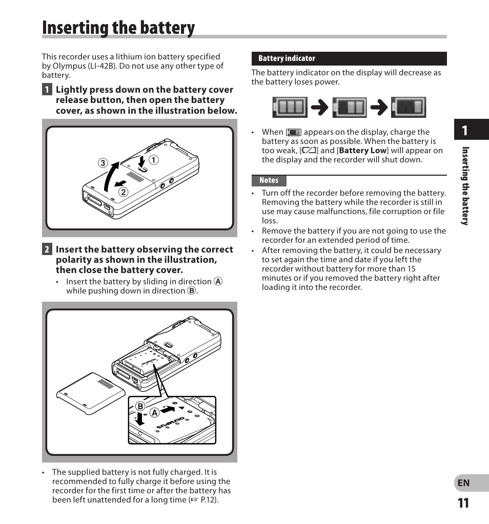 Inserting the battery | Olympus DS-3500 User Manual | Page 11 / 56
