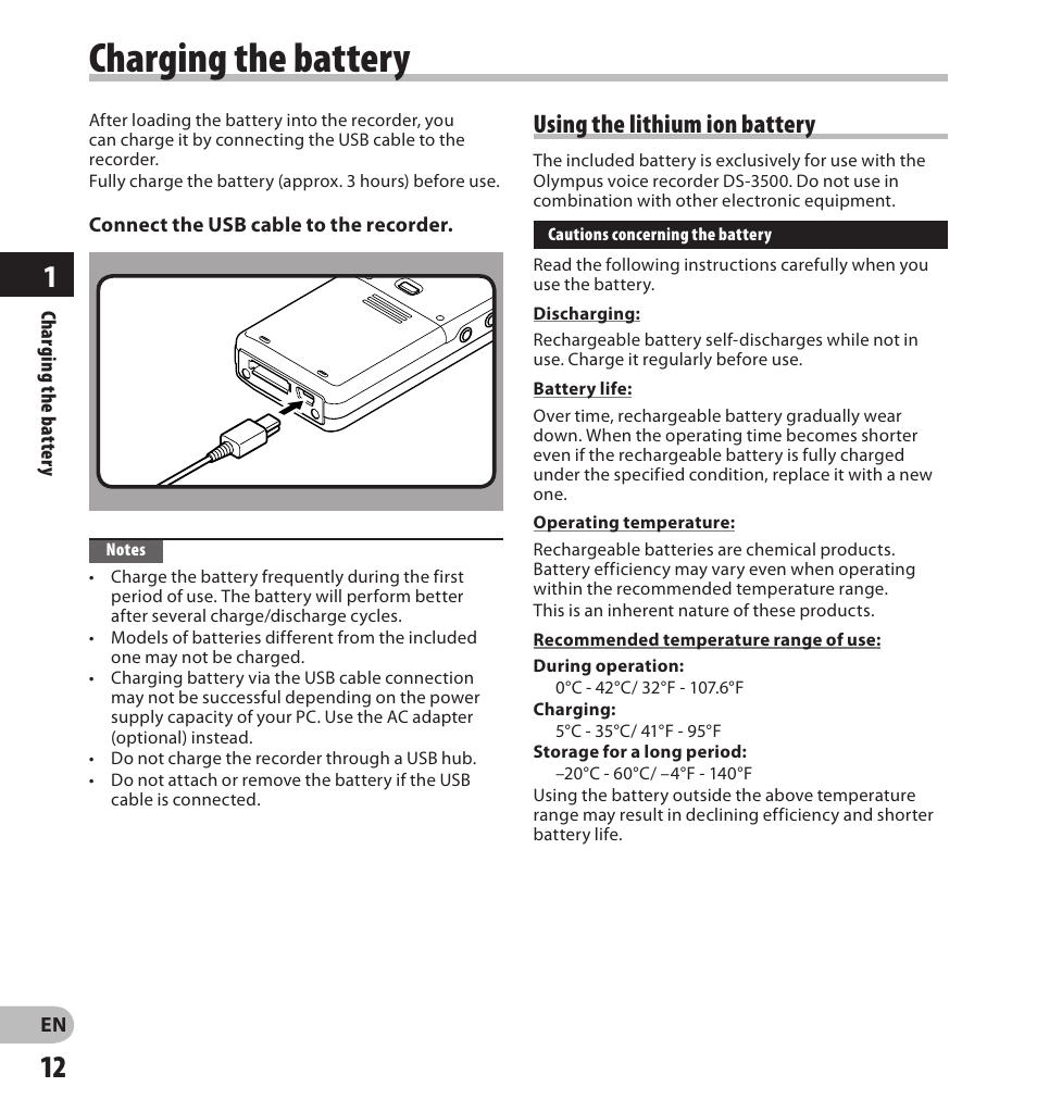 Charging the battery, Using the lithium ion battery | Olympus DS-3500 User Manual | Page 12 / 56