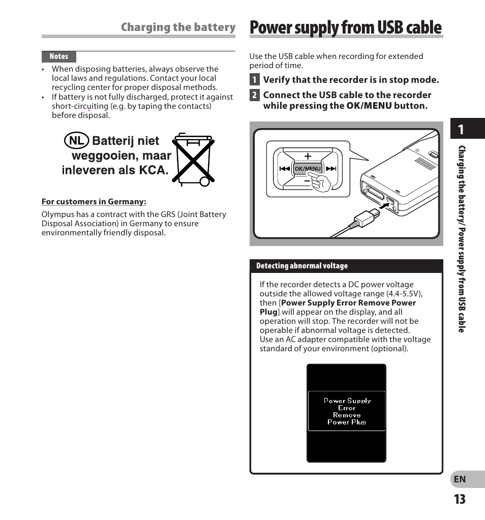 Power supply from usb cable, Charging the battery | Olympus DS-3500 User Manual | Page 13 / 56