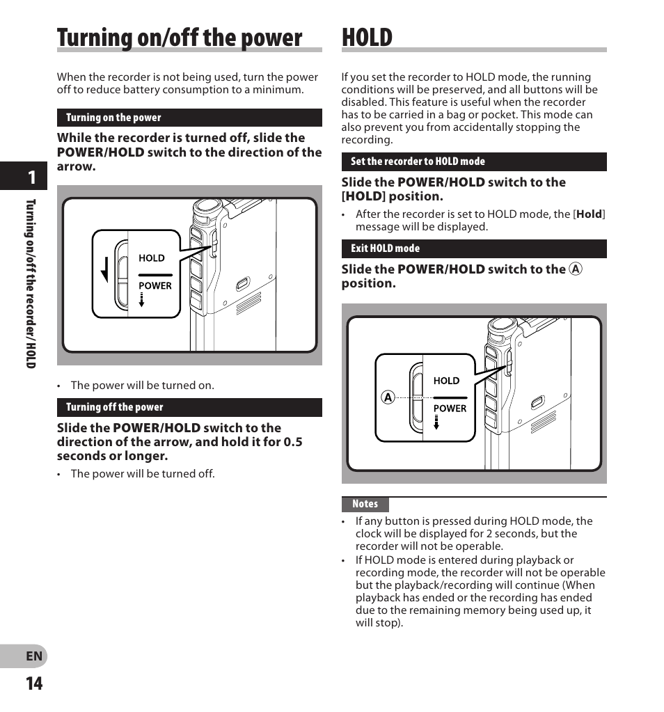 Hold, Turning on/off the power | Olympus DS-3500 User Manual | Page 14 / 56