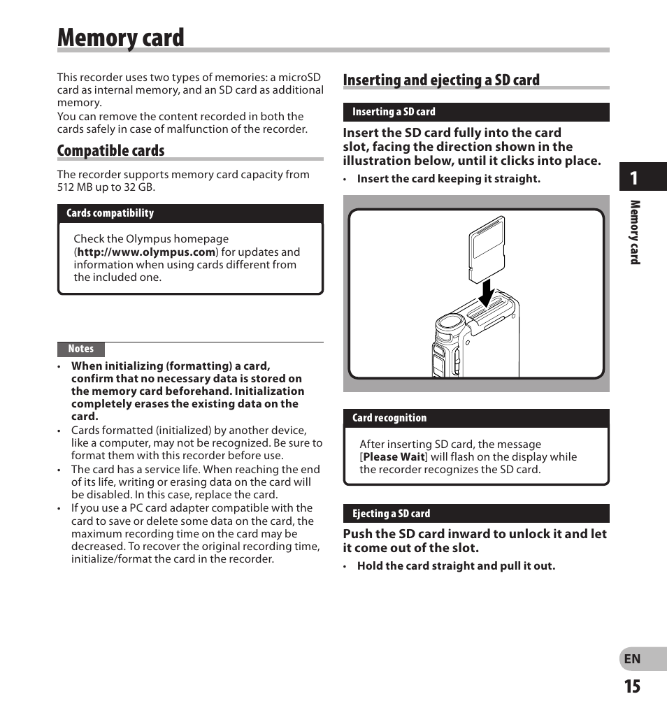 Compatible cards, Inserting and ejecting a sd card | Olympus DS-3500 User Manual | Page 15 / 56