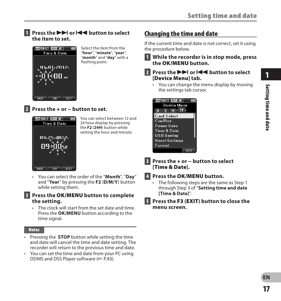 Setting time and date, Changing the time and date | Olympus DS-3500 User Manual | Page 17 / 56