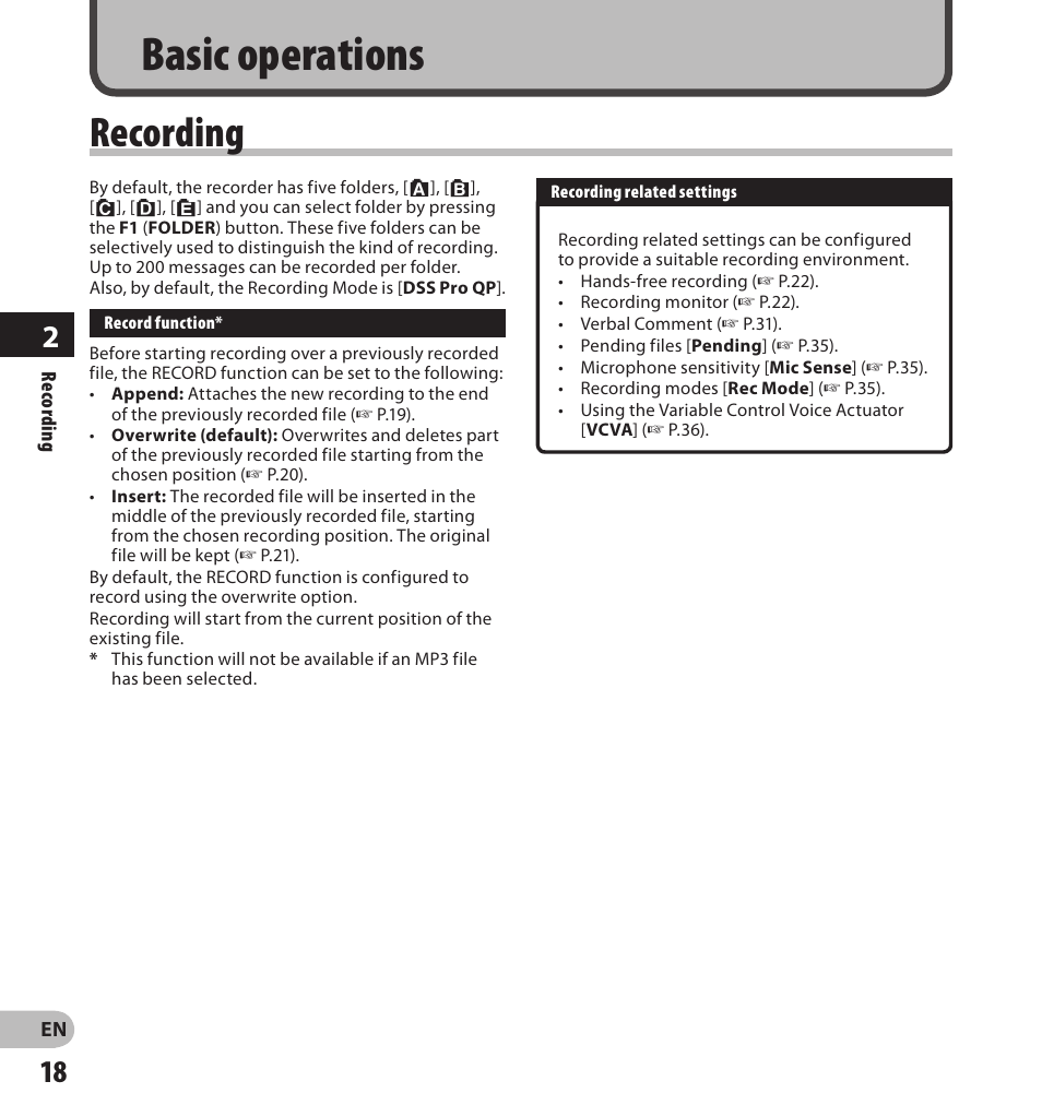 Basic operations, Recording | Olympus DS-3500 User Manual | Page 18 / 56