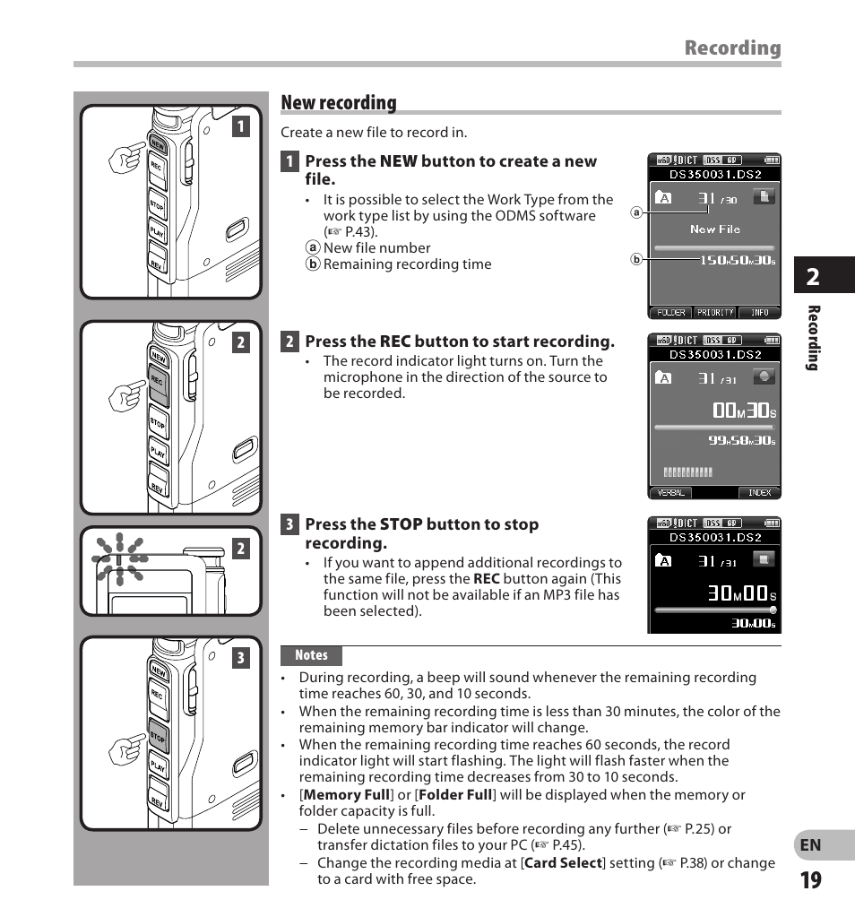 Recording, New recording | Olympus DS-3500 User Manual | Page 19 / 56