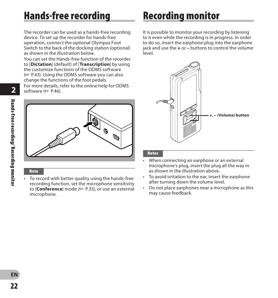 Hands-free recording, Recording monitor | Olympus DS-3500 User Manual | Page 22 / 56