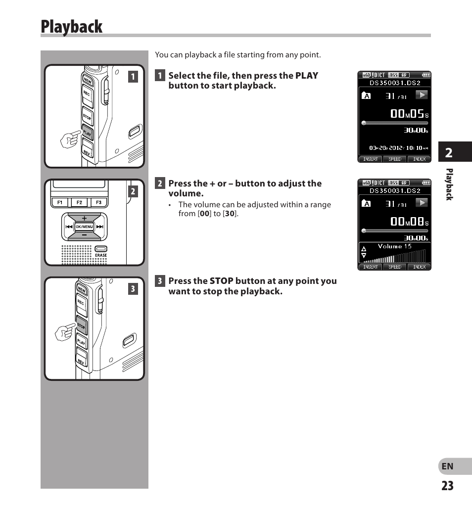 Playback | Olympus DS-3500 User Manual | Page 23 / 56