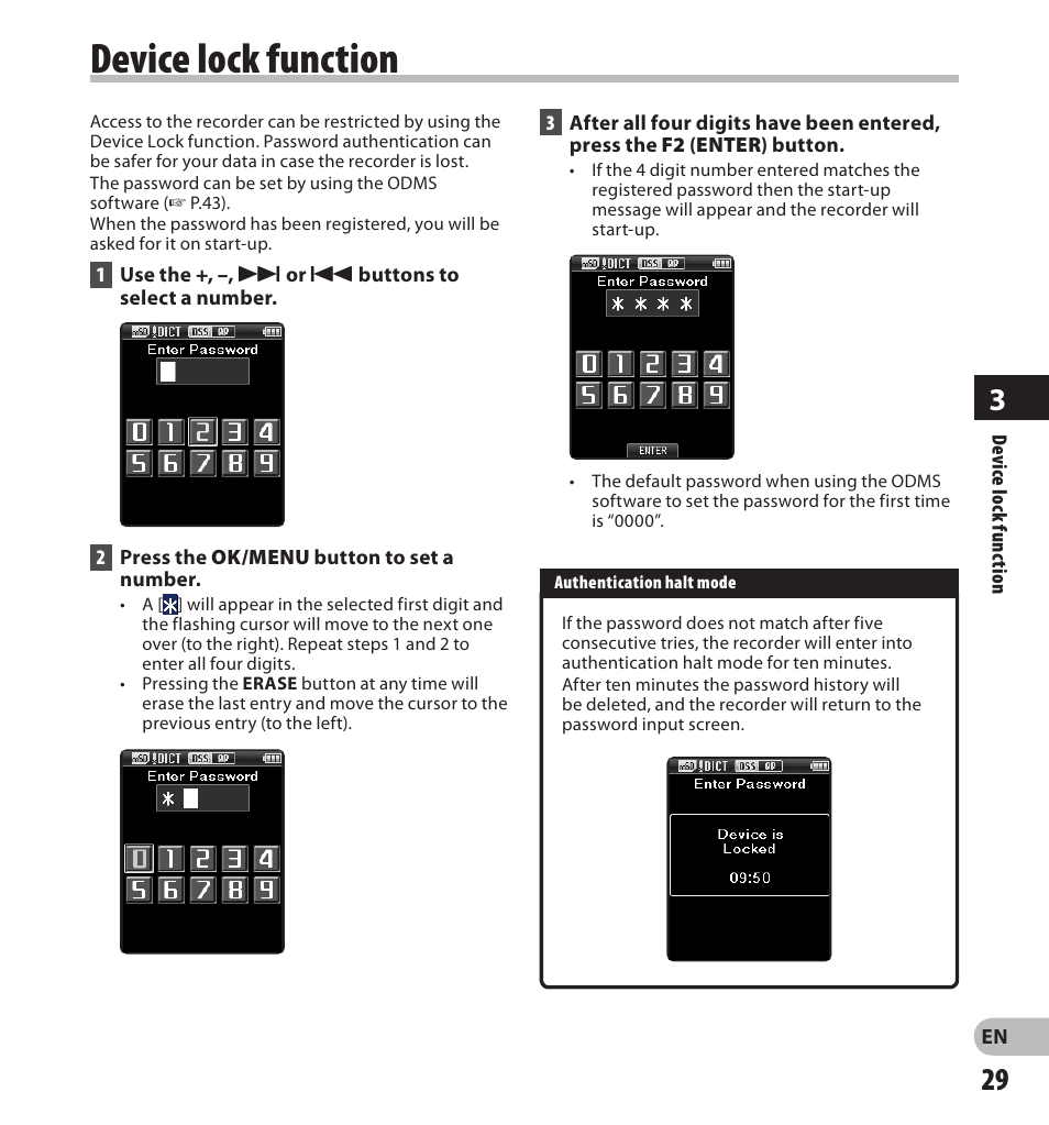 Device lock function | Olympus DS-3500 User Manual | Page 29 / 56