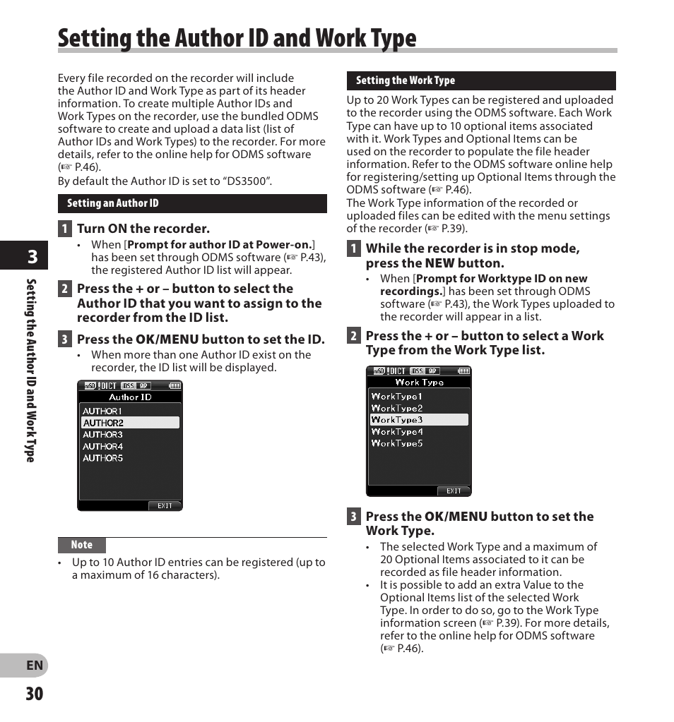 Setting the author id and work type | Olympus DS-3500 User Manual | Page 30 / 56
