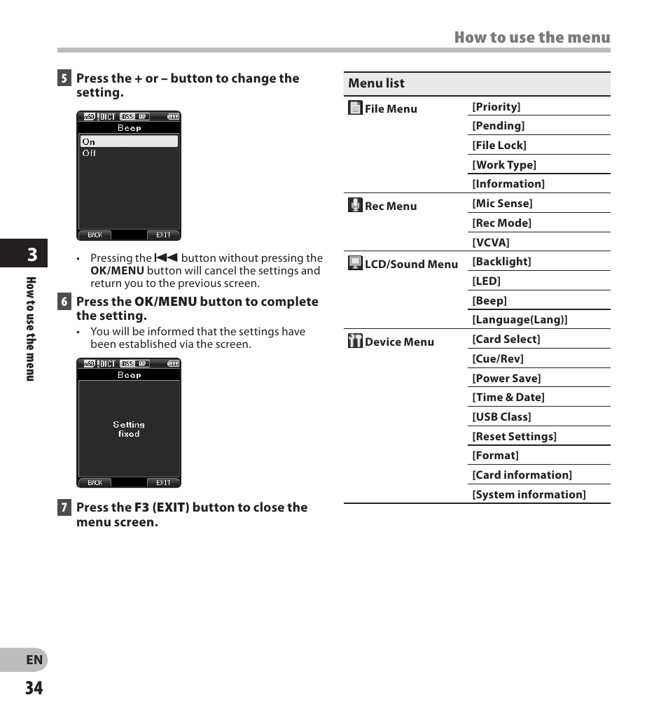 How to use the menu | Olympus DS-3500 User Manual | Page 34 / 56