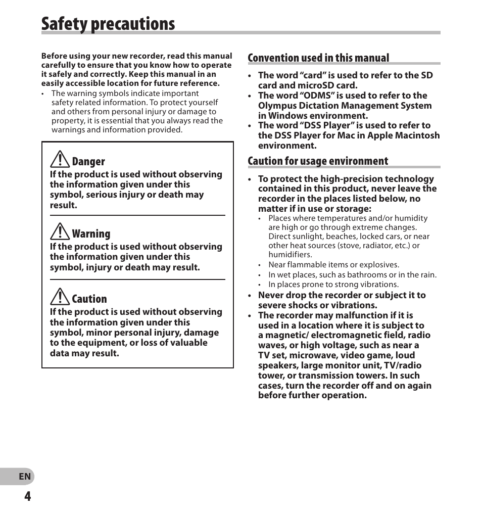 Safety precautions | Olympus DS-3500 User Manual | Page 4 / 56